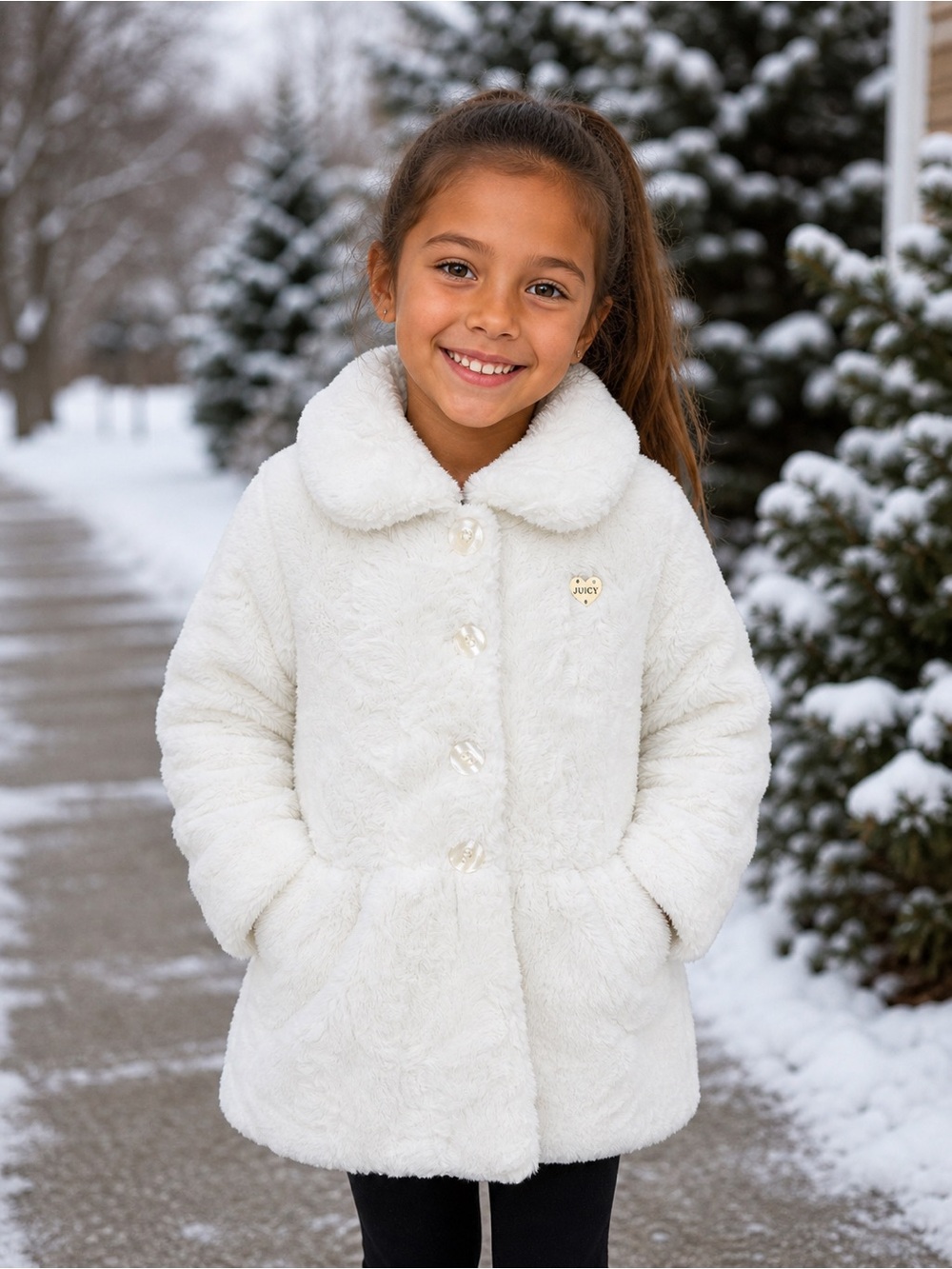 Juicy Couture Girls White Faux Fur Coat Jacket Size 7 Button Front